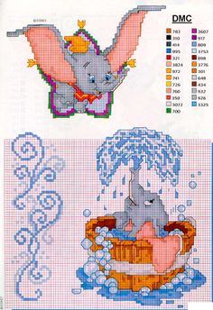 the cross stitch pattern shows an elephant in a bathtub