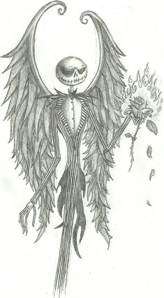 a drawing of a skeleton with wings holding a flower in it's hand,