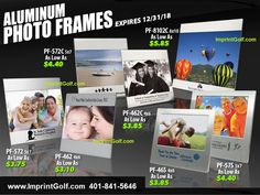 an advertisement for the aluminum photo frames sale is shown in black and white, with images of people holding hot air balloons