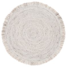 a round rug with fringes on the bottom in white and beige colors, isolated against a white background