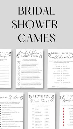 the bridal shower games are lined up in black and white