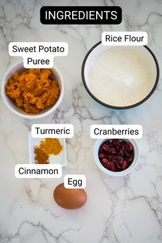 ingredients for sweet potato soup on a marble countertop with text overlay that says ingredients