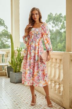 Square Neck Long Sleeve Mixed Floral Smocked Midi Dress Dress With Square Neck, Flowery Dress, Floral Chiffon Maxi Dress, Latest Fashion Dresses, Maxi Dress Sale, Glamorous Dresses, Pink Maxi, Moda Boho, Flattering Dresses