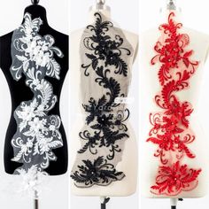 three different types of mannequins with red and black lace on them, one is