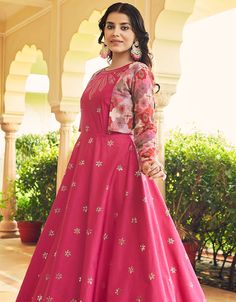 Traditional Function Wear Gown Collection Processing Time : 20-25 Business Days Work : Thread Sequince Embroidered Work Fabric:Cotton Color:Rani Note:Slight Color Variation Is Possible Cotton Gowns, Pink Bottom, Moroccan Caftan, Hip Dress, Day Work, Pants Straight, Salwar Suits, Waist Dress, Muslim Fashion