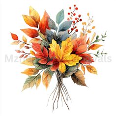 a bouquet of colorful leaves and berries on a white background with the words autumn written below it