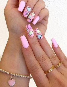 Cute Nails For Valentines Day Short, Nail Art On Blue Nails, Fun Valentines Nails Pink, Candy Heart Nail Art, Valentine Acrylic Nail Designs, Valentines Day Nails Dark, Anti Love Nails, Fun Valentines Nails, Fun Pink Nails