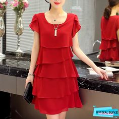 / / Gender: WomenMaterial: Acetate,Chiffon,Polyester,Spandex,COTTONStyle: CasualSilhouette: A-LinePattern Type: SolidSleeve Length(cm): ShortDecoration: RufflesDresses Length: Knee-LengthSleeve Style: REGULARWaistline: NaturalNeckline: O-NeckSeason: SummerStyle: FashionSize: L/XL/XXL/2XL/XXXL/3XL/XXXXL/4XL/XXXXXL/5XLColor: Red Pink Black Chiffon Dress Plus Size, Chiffon Ruffle Dress, Chiffon Summer Dress, Dazzling Dress, Ruffles Fashion, Summer Fashion Dresses, Red Dresses, Vestidos Vintage, Chiffon Ruffle