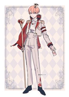 an anime character with pink hair and white pants, holding a cane in his hand