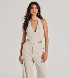 You'll be the cutest babe in this room in this sleeveless corset crop top! Featuring a flattering halter V-neckline, supportive underwire bust, and hidden front hook and eye fasteners, with figure-enhancing flexible boning while the cropped hem adds a touch of playfulness. Draw Dress, Wide Leg Linen Trousers, Corset Crop Top, Woven Top, Linen Trousers, Hook Eye, Trouser Pants, Black Maxi Dress, Corset Top