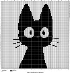 a black cat with big eyes on it's face is shown in the cross stitch pattern