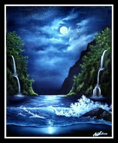 a painting of a waterfall in the moonlight