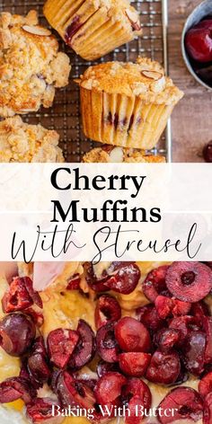 cherry muffins with cranberry sauce and fresh cherries on the side