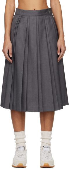 Dunst - Gray Double Pleats Midi Skirt Long Circle Skirt, Long Grey Skirt, Pleated Skirt Pattern, School Uniform Skirts, Grey Pleated Skirt, Mood Clothes, Twill Skirt, Midi Skirt Outfit, Pleated Long Skirt