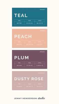 Brand Color Palette with feminine aesthetic featuring teal, peach, plum and dusty rose hues. Hue Color Palette, Color Palette For Branding, Desain Ux, Color Palette Brand, Feminine Color Palette, Flat Color Palette, Pantone Colour Palettes