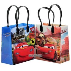 two bags with cars printed on them