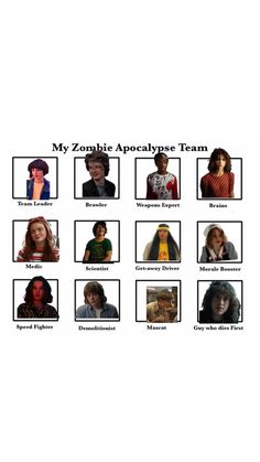 a group of people that are standing in front of a white background with the words, my zombie apocaty team