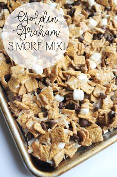 golden graham s'more mix in a baking pan with the words golden graham on it