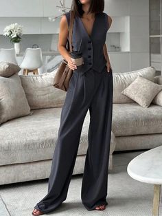 Dark Grey Elegant Collar   Plain  Embellished Non-Stretch  Women Clothing Elegant Tailored Wide-leg Pants Sets, V-neck Workwear Sets With Pockets, Elegant V-neck Workwear Sets, Chic V-neck Suits For Spring, Chic Wide-leg Pants Sets, Chic Formal Sets With Wide-leg Pants, Chic Formal Wide Leg Sets, Chic Formal Sets With Wide Leg, Elegant Tailored Sets With Wide-leg Pants