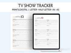 the tv show tracker is displayed next to a tablet with it's screen open