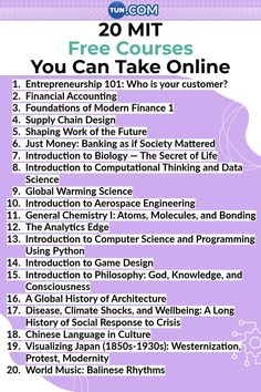 a purple poster with the words 20 mitt courses you can take online on it