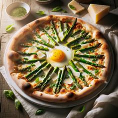 a pizza with asparagus and an egg on top is sitting on a table