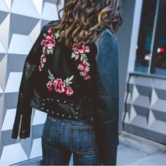 Worn Once For A Shoot In Brand New Condition. Zara Biker Jacket, Embroidered Leather Jacket, Embroidered Leather, Bomber Jackets, Zara Jackets, Zara Black, Biker Jacket, Flower Print, Flower Prints