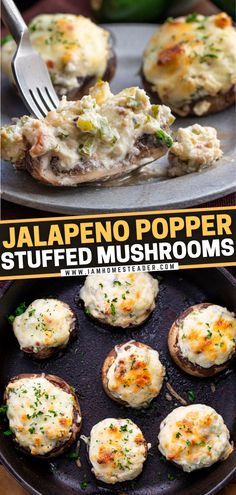 the recipe for jalapeno popper stuffed mushrooms is shown in two pictures