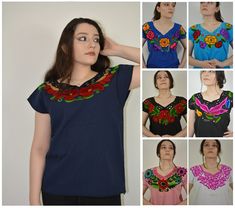 "Guatemalan blouse, featuring floral embroidered designs on the front and on the back. This is one of a kind blouse made by artisanal machine. Measurements: SIZE \"L\" Shoulder to shoulder: 58 cm Bust (circumference): 108 cm Waist (circumference): 106 cm Hip (circumference): 108 cm Body length: 68 cm Product Specifications: Gender: Women Pattern Type: Solid and multicolored collar Neckline: Sweetheart Decoration: Floral embroidered on the neck Material: Cotton Sleeve Length: Short Style: Casual Festival Tops With Embroidered Hem, Festival Multicolor Embroidery Tops, Multicolor Embroidered Boho Collar Folk Top, Multicolor Embroidered Boho Collar Blouse, Folk Style Top With Multicolor Embroidery And Boho Collar, Folk Style Tops With Multicolor Embroidery And Boho Collar, Multicolor Embroidered Blouse With Boho Collar, Casual Multicolor Tops With Embroidered Border, Casual Multicolor Top With Embroidered Border