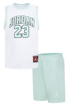 An appliquéd 23 brings winning energy to a ringer jersey paired with long mesh shorts and sized for your little champion. Shorts have elastic waist 100% polyester Machine wash, tumble dry Imported Green Cotton Sporty Sets, Short Cotton Tops For Sports, White Basketball Activewear, Cotton Sports Set With Shorts, Casual Cotton Athletic Shorts For Basketball, Cotton Sports Sets In Short Style, Green Cotton Athletic Shorts For Sports, Cotton Sports Sets For Sports Season, Sporty Cotton Sets For Sports Season