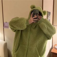 Kawaii Zipper Oversized Frog Sweatshirt, Winter Warmth Hoodie   1Measurement In CMsizeShoulder(cm)Bust(cm)Body Length(cm)Sleeve(cm)S531216450M551256651L571296852XL5913370532XL6113772543XL631417455 Zipper Hoodie Women, Kawaii Bear, Winter Outfits Warm, Plush Coat, Coat Trends, Hoodie For Women, Women Hoodies, Bear Ears, Cute Pajamas