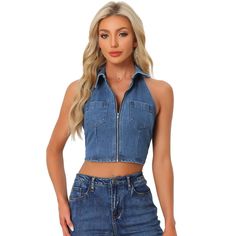 Made of denim fabric, stretchy and breathable to wear, this chic vest offers excellent flexibility, dynamic comfort, and a perfect fit for all day long. The trendy halter neck and cropped design enhance the body's natural silhouette and create a casual and elegant look. The cropped casual denim is versatile to match with jeans, shorts, and skirts, or you can wear it under a shirt, jacket, coat, or cardigan. Stretch Sleeveless Medium Wash Denim Top, Fitted Sleeveless Crop Top In Medium Wash, Trendy Stretch Sleeveless Denim Top, Trendy Sleeveless Stretch Denim Top, Blue Stretch Denim Tank Top, Stretch Cropped Crop Top With Zipper Closure, Stretch Crop Top With Zipper Closure, Casual Sleeveless Denim Blue Crop Top, Sleeveless Denim Blue Vest Top