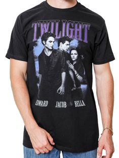 a man wearing a twilight t - shirt with two people on the front and back