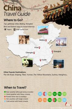 the china travel guide is shown with pictures and captions on it's map