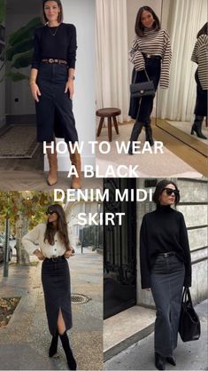 Styling Long Black Denim Skirt, Midi Black Denim Skirt, Style Black Denim Skirt, Styling Black Denim Skirt, Black Denim Midi Skirt Outfit Winter, Denim Skirt Outfit 2024, How To Wear A Black Skirt, Midi Demin Skirt Outfits, Black Denim Skirt Outfit Ideas