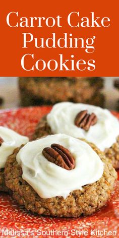 carrot cake pudding cookies with white frosting and pecans in the middle on an orange plate