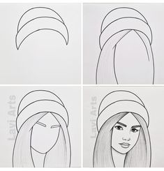 four different drawings of women's heads with hair in the middle and one wearing a turban