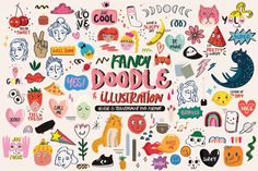 the words cool bones are surrounded by various cartoon faces and symbols, including cats, dogs, birds, fish, flowers, hearts, and more