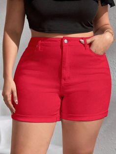 Plus Size Button Waistband Pocket Fitted Casual Denim Shorts Red    Denim Plain Skinny Medium Stretch  Women Plus Clothing, size features are:Bust: ,Length: ,Sleeve Length: Plus Size Denim Shorts, Casual Denim Shorts, Plus Size Denim, Cropped Leather Jacket, Short Denim, Red Collar, Denim Shorts Women, Rolled Hem, Short En Jean