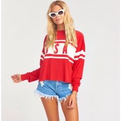 Nwt Show Me Your Mumu | Women’s Payton “ Usa” Crop Pullover - Red - Medium. 8 Casual Red Summer Sweater, University Red Long Sleeve Tops For Spring, University Red Sporty Top For Spring, Sporty University Red Tops For Spring, Layered Crop Top, Chiffon Crop Top, Black Lace Crop Top, Crop Pullover, Flounce Top