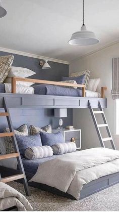 a bedroom with bunk beds and blue walls