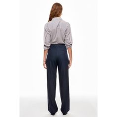 Blue (75% Lyocell, 14% Triacetate, 11% Polyester). Pants. Front Zipper Fly With Button Closure. Inseam: 35". Rise: 10.5". Leg Opening: 17". Imported. Office Wear Bottoms With Welt Pockets, Tailored Wide Leg Pants With Button Closure For Workwear, Business Casual Wide Leg Pants With Button Closure, Wide Leg Pantsuit With Button Closure For Work, Tailored Office Pants, High-waisted Business Pants With Button Closure, Button Closure Wide Leg Pants For Office, Business High-waisted Pants With Button Closure, Wide Leg Office Dress Pants