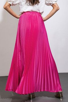 Solid color, fully pleated, woven maxi skirt, featuring elasticized waist. 95% Polyester, 5% Spandex Hot Pink Pleated Skirt Outfit, Pink Pleated Skirt Outfit, Hot Pink Pleated Skirt, Pleated Skirt Outfit, Pink Pleated Skirt, Outerwear Trends, Bodysuit Tops, Fashion People, Midi Skirts