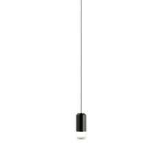 a black and white light hanging from a ceiling