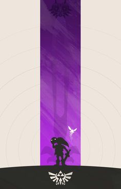 the legend of zelda's silhouette against a purple background with two birds flying over it