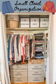 an organized closet with drawers and clothes on the bottom shelf, labeled small closet organization