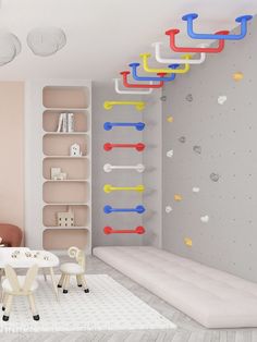 a room with several shelves and chairs in it that have different colored plastic objects on them