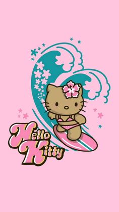 a hello kitty surfing on top of a pink surfboard with the words hello kitty