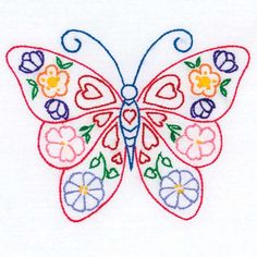 a colorful butterfly with flowers on it's wings is embroidered onto a white t - shirt