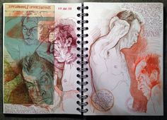 an open notebook with drawings on it and some writing in the pages next to each other